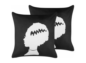 4251682286084 - Beliani - Dekokissen Schwarz   Weiß 2er Set aus Samtstoff 45 x 45 cm mit Frankensteins Braut Muster Quadratisch Halloween Motiv Wohnzimmer Accessoires