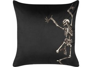 4251682286091 - Beliani - Dekokissen Schwarz Samtstoffbezug mit Polyester-Füllung 45 x 45 cm Halloween Skelett Motiv Zweiseitig Bedruckt Wohn- u Schlafzimmer Flur