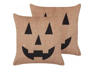 4251682286121 - Beliani - Dekokissen 2er Set Beige Samtstoffbezug mit Polyester-Füllung 45 x 45 cm Halloween Kürbis Motiv Zweiseitig Bedruckt Wohn- u Schlafzimmer