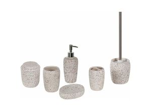 4251682286183 - Badezimmer Set Weiß Naturstein Dolomit 6-teilig Terrazzo Optik Zahnputzbecher Seifenschale Seifenspender Toilettenbürste Becher Accessoires - Schwarz