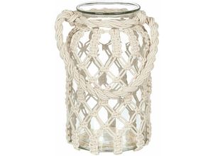 4251682286749 - Laterne Cremeweiß Glas und Baumwolle Makramee 28 cm mit Henkel Griff Deko Wohnzimmer Schlafzimmer Wohnaccessoires Dekoartikel Tischdekoration - Weiß