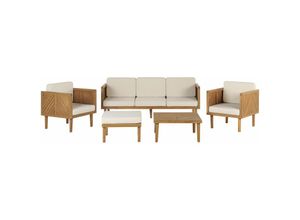 4251682286770 - Beliani - Lounge Set Hellbraun Akazienholz 5-teilig für 5 Personen mit Auflagen Beige Stoff Couchtisch Fußhocker 3er Sofa 2 Sessel Outdoor Garten