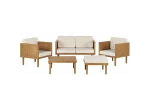 4251682286787 - Lounge Set Hellbraun Akazienholz 5-teilig für 4 Personen mit Auflagen Beige Stoff Couchtisch Fußhocker 2er Sofa 2 Sessel Outdoor Garten