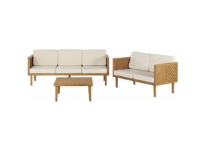 4251682286794 - Beliani - Lounge Set Hellbraun Akazienholz 3-teilig für 5 Personen mit Auflagen Beige Stoff Couchtisch 2er und 3er Sofa Outdoor Terrasse Garten