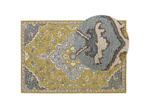 4251682287005 - Beliani - Teppich Gelb und Blau Wolle 140 x 200 cm Kurzflor Orientalisches Design Vintage Handgetuftet Rechteckig Wohnzimmer Schlafzimmer Flur