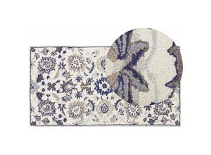 4251682287036 - Teppich Beige   Blau Wolle 80 x 150 cm Kurzflor Orientalisches Muster Rechteckig Wohnzimmer Schlafzimmer Flur