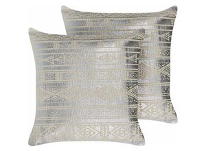 4251682287630 - Dekokissen 2er Set Silber Baumwolle 50 x 50 cm Stoffbezug mit Polyester-Füllung geometrisches Muster Metallic Effekt Wohn- u Schlafzimmer