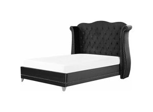 4251682289108 - Bett Schwarz Samtstoff 140 x 200 cm hohes Kopfteil mit Knopfheftung Nieten Chesterfield Stil Glamour Doppelbett Königsbett Ehebett Schlafzimmer