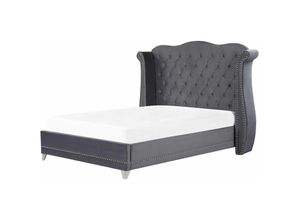 4251682289115 - Beliani - Bett Grau Samtstoff 140 x 200 cm hohes Kopfteil mit Knopfheftung Nieten Chesterfield Stil Glamour Doppelbett Königsbett Ehebett Schlafzimmer