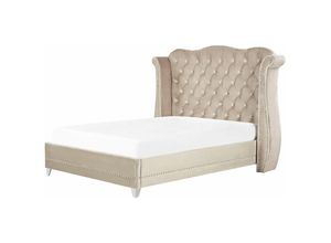 4251682289184 - Bett Beige Samtstoff 140 x 200 cm hohes Kopfteil mit Knopfheftung Nieten Chesterfield Stil Glamour Doppelbett Königsbett Ehebett Schlafzimmer