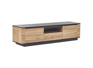 4251682289689 - Beliani - TV-Möbel Holzoptik und Schwarz mdf Platte 152 x 40 cm Hochglanz Niedrig mit Stauraum 1 Schublade 2 Türen 1 Regal Modern Minimalistisch