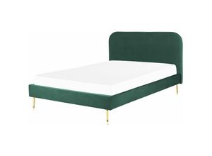 4251682290333 - Bett Grün Samtstoff mit Lattenrost 140 x 200 cm Metallfüße Gold hohes Kopfteil Retro Glamourös Polsterbett Doppelbett Schlafzimmer