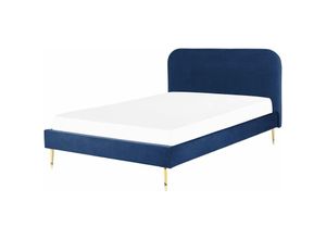 4251682290364 - Beliani - Bett Blau Samtstoff mit Lattenrost 140 x 200 cm Metallfüße Gold hohes Kopfteil Retro Glamourös Polsterbett Doppelbett Schlafzimmer