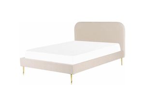 4251682290395 - Bett Beige Samtstoff mit Lattenrost 140 x 200 cm Metallfüße Gold hohes Kopfteil Retro Glamourös Polsterbett Doppelbett Schlafzimmer