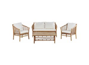 4251682292030 - Beliani - Lounge Set Hellbraun Bambusholz Auflagen Weiß Stoff 2-Sitzer Sofa mit 2 Sesseln und Couchtisch Modern Rustikal Garten Terrasse Outdoor