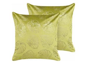 4251682294270 - Beliani - Dekokissen 2er Set Hellgrün Samtstoff mit Füllung 45x45 cm Pflanzenmotiv Gold Monstera-Blatt Accessories Wohn- u Schlafzimmer Flur