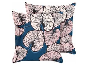 4251682294287 - Beliani - Dekokissen 2er Set Dunkelblau u Pastellrosa Samtstoff mit Füllung 45x45 cm Blättermotiv Wohnaccessories Wohnzimmer Schlafzimmer Flur