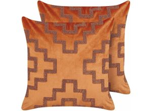 4251682294331 - Beliani - Dekokissen 2er Set Orange Samtstoff 45 x 45 cm Bezug mit Füllung Geometrisches Muster Modern Wohnzimmer Salon Schlafzimmer