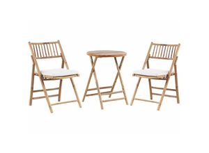 4251682294645 - Beliani - Balkonset Hellbraun Bambusholz Tisch Rund 57 cm mit 2 Klappbaren Stühlen Auflagen Cremeweiß Landhaus Stil Terrasse Balkon Garten Möbel