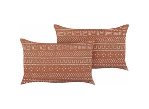 4251682295147 - Beliani - Dekokissen 2er Set Orange Baumwolle Bezug mit Füllung Geometrisches Muster 45 x 45 cm Boho Rustikal Sofakissen Wohnzimmer Salon Schlafzimmer