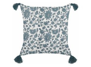 4251682295215 - Beliani - Dekokissen Blau und Weiß Baumwolle 45 x 45 cm Bezug mit Füllung Reißverschluss Quasten Blumenmuster Boho Modern Wohnzimmer Schlafzimmer Deko