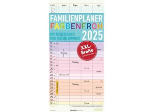 4251732341282 - Familienplaner Farbenfroh 2025 mit 4 Spalten - Familien-Timer 22x45 cm - Offset-Papier - mit Ferienterminen - Wand-Planer - Familienkalender - Alpha E