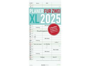 4251732341312 - Planer für 2 XL 2025 mit 3 Spalten - Familien-Timer 22x45 cm - Offset-Papier - mit Ferienterminen - Wand-Planer - Familienkalender - Alpha Edition