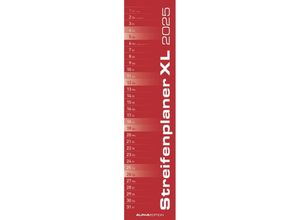 4251732341664 - Alpha Edition - Streifenplaner XL ROT 2025 Streifenkalender 15x64cm Küchenkalender mit einer Spalte für Termine Mondphasen schmales Design und d