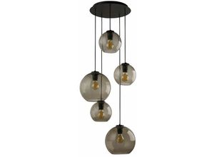 4251756383572 - Licht-erlebnisse - Retro Pendelleuchte Glas Schirm 5x E27 Schwarz Grau Hängelampe - Schwarz Rauchgrau