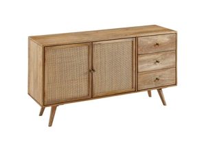 4251757700576 - Finebuy - Design Sideboard 140x75x40 cm Mango Massivholz   Rattan Kommode 3 Schubladen Hoher Kommodenschrank Holz Massiv Standschrank Wohnzimmer