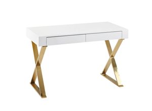 4251757704451 - Schreibtisch 118x76x57 cm Holz Hochglanz Weiß Metallbeine Golden Design Computertisch PC-Tisch Bürotisch Modern Konsolentisch Schubladen