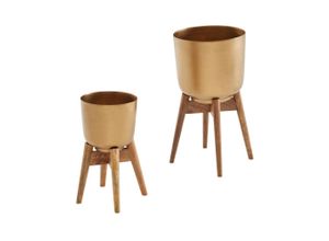 4251757706332 - WOHNLING Blumentopf 2er Set Metall Holz Pflanzenkübel Gold Rund Pflanzgefäß