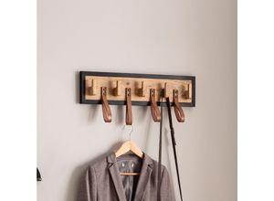 4251757718052 - Wandgarderobe Mango Massivholz   Echtleder 60x15x6 cm Hakenleiste für Jacken Schals und Mützen Flurgarderobe mit Metallrahmen Garderobe Wand Holz