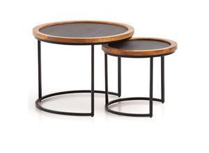 4251757718076 - Finebuy - Couchtisch 2er Set Mango Massivholz   Steinoptik Wohnzimmertisch Rund Satztisch mit Metallgestell Kaffeetisch Modern Sofatisch