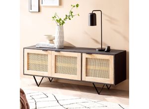 4251757719462 - Finebuy - Sideboard 145x55x40 cm Mango Massivholz   Rattan Kommode mit 3 Türen Niedriger Kommodenschrank Schwarz   Braun Standschrank Wohnzimmer