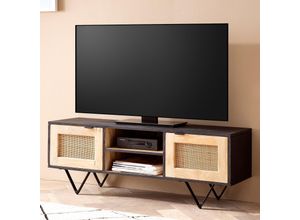 4251757719516 - Lowboard Mango Massivholz   Rattan 120x44x35 cm TV-Kommode mit zwei Türen Design TV-Schrank mit Kabeldurchlass Fernsehtisch Fernsehschrank Modern