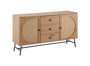 4251757723308 - Finebuy - Sideboard 140x80x40 cm Kommode Eiche-Dekor mit Rattan Geflecht Modern Hoher Kommodenschrank Standschrank mit 2 Türen und 3 Schubladen