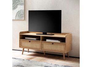 4251757724916 - Finebuy - Lowboard 120x56x39 cm TV-Kommode mit Eiche-Dekor & Rattan Design TV-Schrank Hoch mit Schubladen Fernsehtisch Fernsehschrank Stauraum