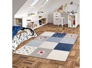 4251765622785 - - Kinder Teppich Maui Kids Karo Blau Sterne - 200x290 cm