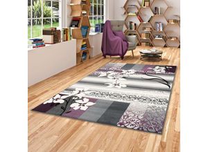 4251765642967 - - Designer Teppich Samba Modern Grau Lila Blumen - 140x200 cm