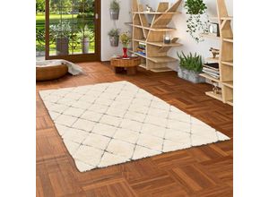 4251765660015 - - Natur Teppich Shaggy Wolle Linea Wollweiss Rauten - 60x90 cm