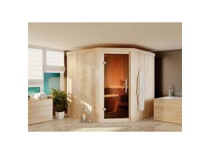 4251771214516 - Sauna Jarin mit Eckeinstieg Innensauna 3 Sitzbänke aus Holz  Saunakabine mit 68 mm Wandstärke Infrarotsauna mit Montagematerial - Naturbelassen