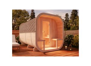 4251771234330 - Fasssauna aus Holz ScandiCube Outdoor-Sauna mit Vorraum und Terrasse - Deluxe 204 x 400 cm - Thermoholz - Naturbelassen - Finntherm