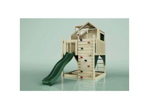 4251771240829 - Rebo Spielturm aus Holz mit Wellenrutsche Outdoor Klettergerüst mit Plattform Spielhaus Kletterwand Sandkasten und Kleterseil- Smaragdgrün - Grün