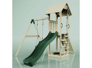 4251771240874 - Polarplay - Spielturm mit Wellenrutsche Outdoor Klettergerüst Garten Kletterseil und Kletterleiter Ausführung mit Babyschaukel - Naturbelassen