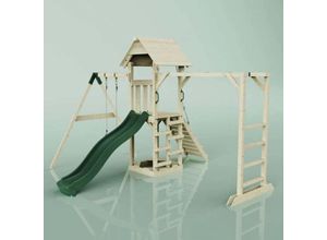 4251771241048 - Polarplay - Rebo Klettergerüst aus Holz mit Wellenrutsche Outdoor Spielturm mit Kinderschaukel Hangelstangen Plattform und Kletterseil- Smaragdgrün