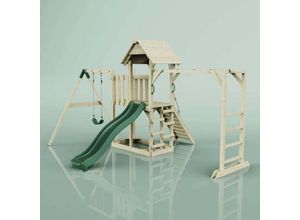 4251771241239 - Polarplay - Rebo Spielturm mit Wellenrutsche aus Holz Outdoor Klettergerüst mit Kinderschaukel Hangelstangen Plattform und Kletterseil- Smaragdgrün