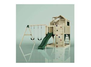 4251771241307 - Rebo Spielturm mit Spielhaus inkl Wellenrutsche und 2x Kinder-Schaukel Outdoor Klettergerüst Garten Ausführung Kinderschaukel Farbe Smaragdgrün
