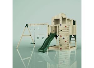 4251771241574 - Spielturm mit Spielhaus inkl Wellenrutsche Outdoor Klettergerüst Garten Kletterwand und Kletterleiter Ausführung Babyschaukel - Naturbelassen