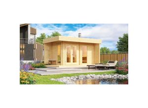 4251771250354 - Saunahaus Hedda Gartensauna 2 Sitzbänke aus Holz in Naturbelassen Sauna Wandstärke 70 mm Inklusive Terrasse Außensauna - Naturbelassen - Finntherm